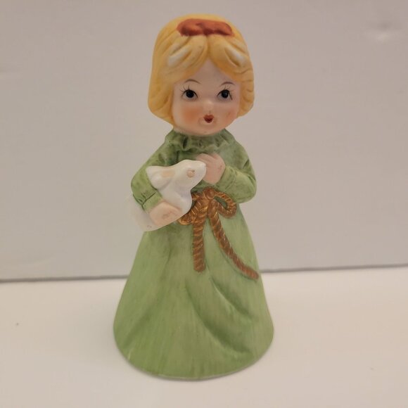 Vintage Jasco Ceramic Girl Figurine Bell Holding  Rabbit - Picture 1 of 5